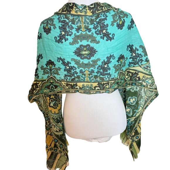 Chicos Peacock Paisley Print Scarf Oblong Eyelash Fringe Summer Spring Turquoise - Picture 3 of 14